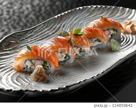 Philadelphia roll sushi with salmon, prawn, avocado, cream cheese. Sushi menu. Japanese food. Philadelphia roll sushi with salmon, prawn, avocado, cream cheese. Sushi menu. Japanese food. 114850642