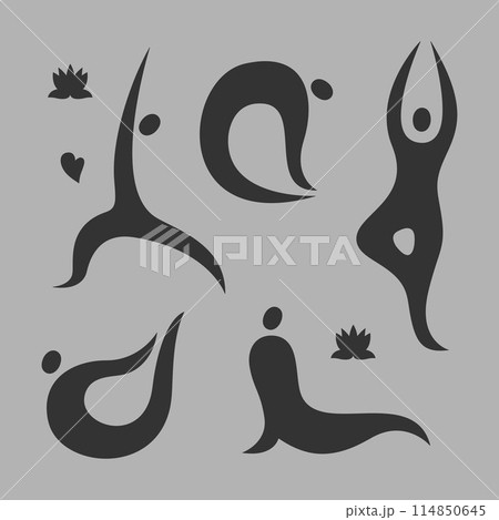 Yoga set. Abstract silhouettes of girls in 5 different poses. Flat monochrome illustration. Yoga set. Abstract silhouettes of girls in 5 different poses. Flat monochrome illustration. 114850645