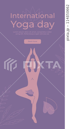 International Yoga Day vertical banner with a girl silhouette. Pastel vector illustration. 114850662