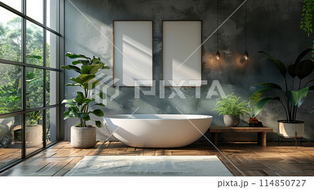 a bathroom with a bathtub , frame mockup and mirror a bathroom with a bathtub , frame mockup and mirror 114850727