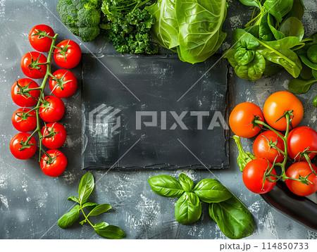 Organic food. Fresh vegetables and fruits with the black chalkboard. 114850733