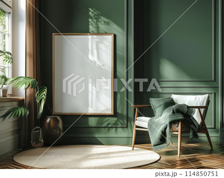 Chair complements green walls in a harmonious living room design and frame mockup 114850751
