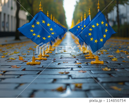 Row of flags with blue azure stripes and yellow star in public space, European Union 114850754