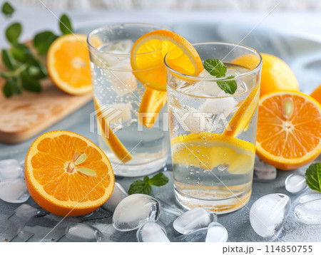 Two glasses of refreshing citrus infused liquid with ice and sliced sweet lemon 114850755
