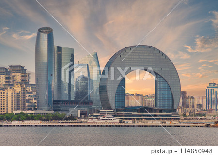 Crescent Development Project at Sunset Along Caspian Sea Coast Baku, Azerbaijan 114850948