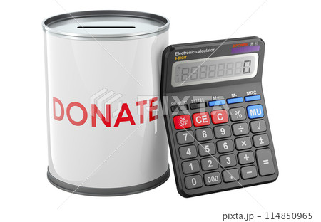 Donation can with calculator, 3D rendering 114850965