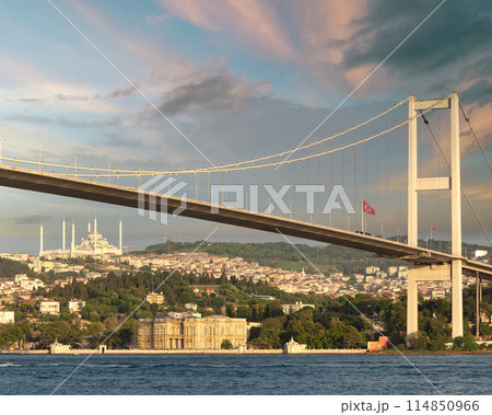 Sunset aerial shot of Istanbul city overlooking Bosphorus strait, with Bosphorus Bridge, Istanbul, Turkey 114850966