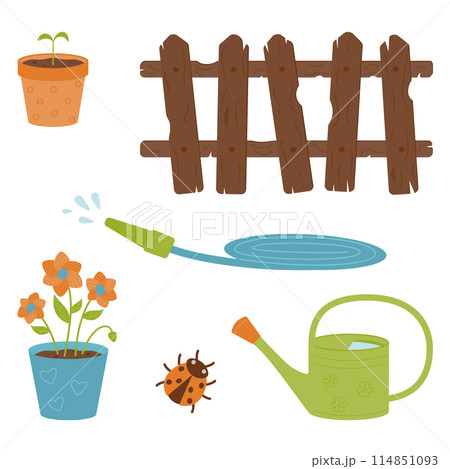 A set for gardening and planting plants - a wooden fence, a watering hose, a watering can, a flower in a pot, a ladybug. Vector illustration on a white background. 114851093