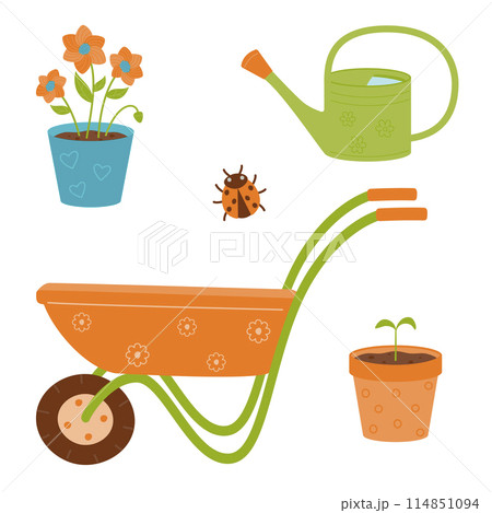Gardening and planting kit - garden wheelbarrow, watering can, potted flower, ladybug. Vector illustration on a white background. 114851094