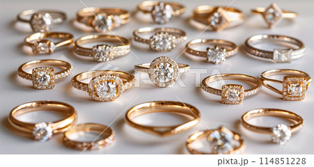 A variety of golden engagement rings with diamonds arranged on a white background, focusing on the center ring with a clear diamond and halo design. 114851228