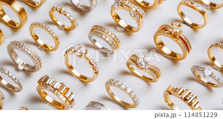 A collection of golden and diamond rings on a white background 114851229