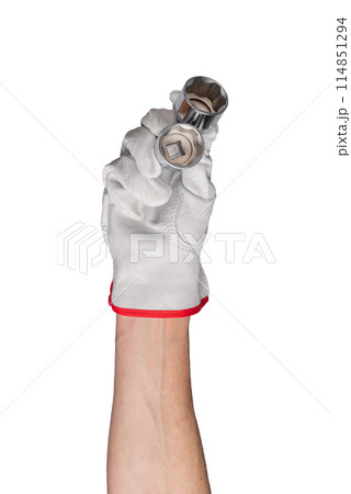Socket wrench, screw tool head hexagon steel. Background black metal screwdriver cap isolated white. 114851294