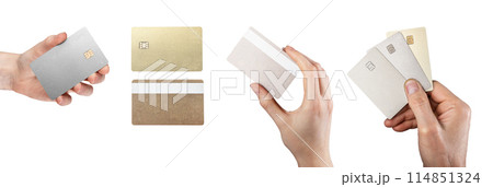 Credit card mockup. Hand holding blank plastic template, bank debit money payment. Front back rear 114851324