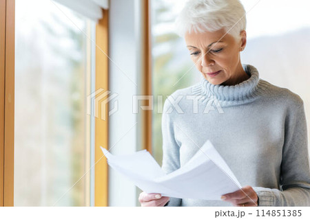 Elderly woman, retired female at home. Senior person reading finance documents, lifestyle of mature Elderly woman, retired female at home. Senior person reading finance documents, lifestyle of mature 114851385