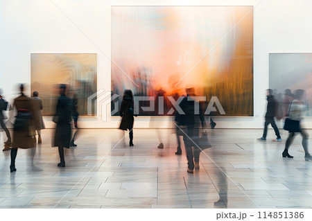 Gallery art museum with modern people. Wall contemporary interior painting show exhibition abstract Gallery art museum with modern people. Wall contemporary interior painting show exhibition abstract 114851386