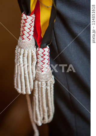 An elegant academic robe with traditional tassels symbolizes scholarly achievement and honor 114851618