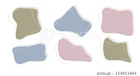 Collection of organic irregular blob shape with decorative stripes and stroke line. Yellow blue random deform circle spot. Isolated white background Organic amoeba Doodle elements Vector illustration. 114851664