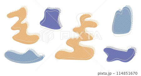 Collection of organic irregular blob shape with decorative stripes and stroke line. Yellow blue random deform circle spot. Isolated white background Organic amoeba Doodle elements Vector illustration. 114851670