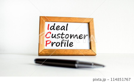 ICP ideal customer profile symbol. Concept words ICP ideal customer profile on beautiful wooden frame. Beautiful white background. Business ICP ideal customer profile concept. Copy space. 114851767