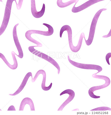Native geometric curves. Flying wavy lines. Purple squiggles seamless pattern. Abstract brush strokes in dopamine color. Scribble for party, birthday package. Watercolor illustration Native geometric curves. Flying wavy lines. Purple squiggles seamless pattern. Abstract brush strokes in dopamine color. Scribble for party, birthday package. Watercolor illustration 114852268