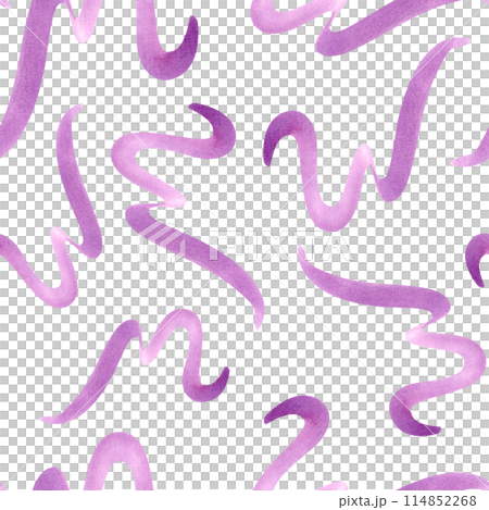 Native geometric curves. Flying wavy lines. Purple squiggles seamless pattern. Abstract brush strokes in dopamine color. Scribble for party, birthday package. Watercolor illustration Native geometric curves. Flying wavy lines. Purple squiggles seamless pattern. Abstract brush strokes in dopamine color. Scribble for party, birthday package. Watercolor illustration 114852268