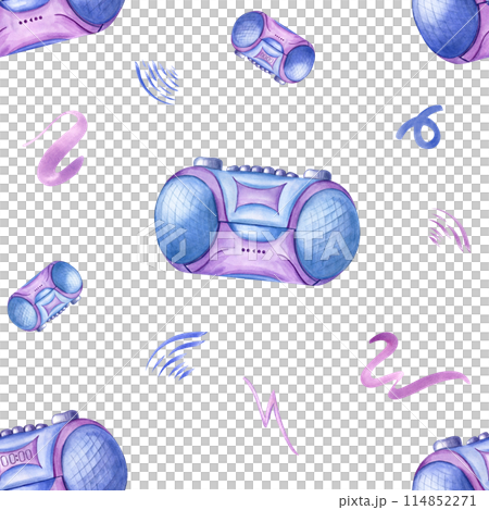 Cassette players in non digital 90s style. Blue purple tape recorder. Seamless nostalgia pattern. Button stereo gadget among flying abstract line doodle. Watercolor illustration for package, textile 114852271