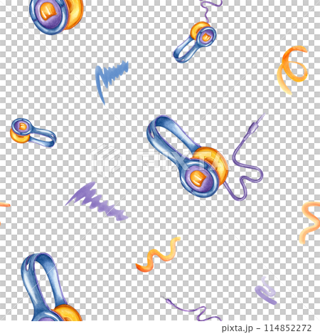 Headphones. Blue yellow Earphones among flying wavy curves. Colored squiggle. Seamless pattern. Music equipment mobile device. Listen audio. Earpieces for listening to music. Watercolor illustration Headphones. Blue yellow Earphones among flying wavy curves. Colored squiggle. Seamless pattern. Music equipment mobile device. Listen audio. Earpieces for listening to music. Watercolor illustration 114852272