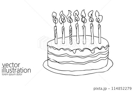 One line continuous birthday cake with candle symbol concept. Silhouette of dessert cafe restaurant holiday. Digital white single line sketch drawing vector illustration One line continuous birthday cake with candle symbol concept. Silhouette of dessert cafe restaurant holiday. Digital white single line sketch drawing vector illustration 114852279