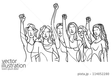 Woman power voting hands raising to sky. One continuous line art feminist online. Election day diversity concept. Hand drawing sketch people vector illustration Woman power voting hands raising to sky. One continuous line art feminist online. Election day diversity concept. Hand drawing sketch people vector illustration 114852280