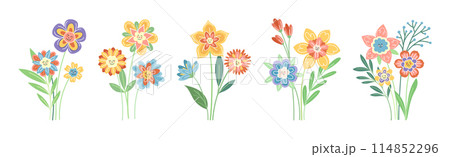 Smiling Flowers on Stalk with Petal and Green Leaf Vector Set Smiling Flowers on Stalk with Petal and Green Leaf Vector Set 114852296