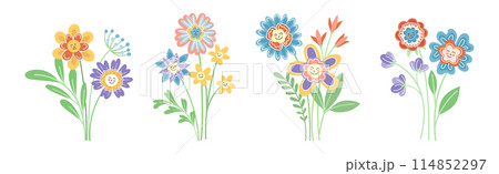Smiling Flowers on Stalk with Petal and Green Leaf Vector Set Smiling Flowers on Stalk with Petal and Green Leaf Vector Set 114852297