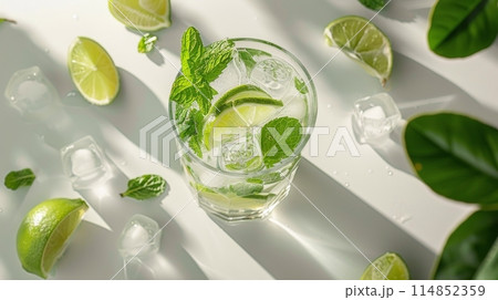 Glass Filled With Ice and Lime Slices 114852359