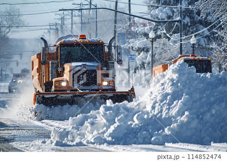 A snow plow clears the road in the city on a sunny day 114852474