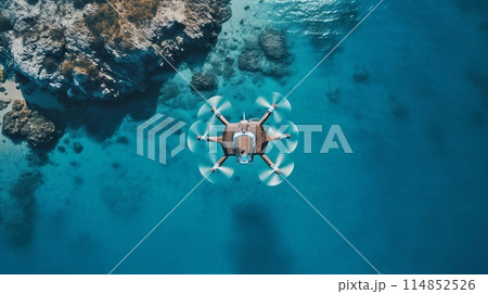 Drone flying over rocks in the sea, aerial view 114852526