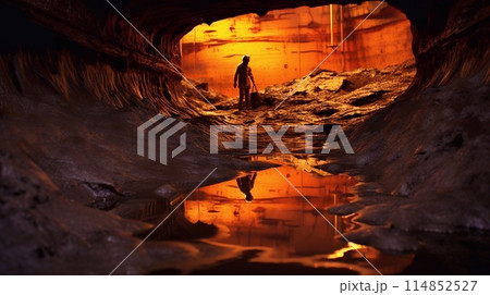Underground view of a man with a suitcase in an underground tunnel 114852527