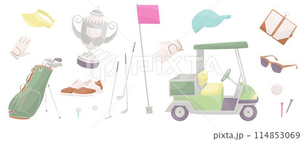 set elements about golf - clubs, shoes, flag, sunglasses, competition cup, gloves, golf bag, ball, clash notebook, golf buggy cart 114853069
