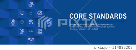 Core Standards Web Header Banner with Icons - Mission Vision Values and Integrity Core Standards Web Header Banner with Icons - Mission Vision Values and Integrity 114853205