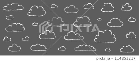 Chalk grunge cloud set. Hand drawn vector stock kid crayon illustration isolated on black background for design template art children education material, weather forecast, business presentation. EPS10 114853217
