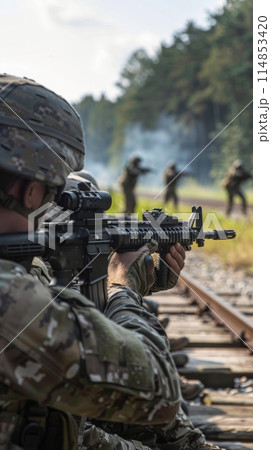 Soldiers With Guns in the Woods 114853420