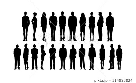 Silhouettes of people working group set vector illustration black and white. Person businessman and woman adult. Team work community isolated shape horizontal collection profile 114853824
