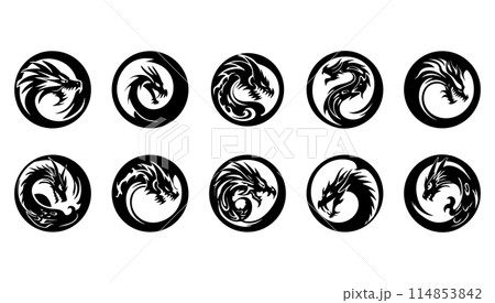 Vector illustration set of round tribal dragon black and white. Abstract silhouette shape circle and collection mythology ornate monster face. Emblem head reptile Vector illustration set of round tribal dragon black and white. Abstract silhouette shape circle and collection mythology ornate monster face. Emblem head reptile 114853842