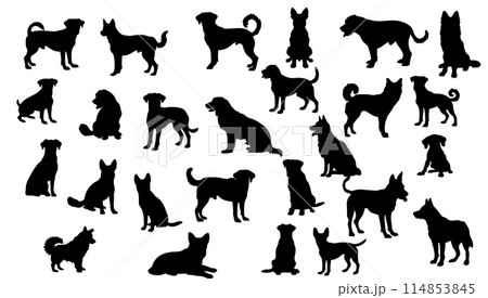 silhouette dog set black and white. Vector illustration pet collection cut out. Standing cartoon isolated white dog. Mammal element symbol profile silhouette dog set black and white. Vector illustration pet collection cut out. Standing cartoon isolated white dog. Mammal element symbol profile 114853845