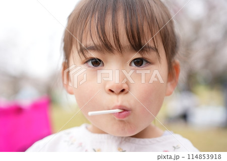 春の訪れを喜ぶ、花見する女の子 114853918