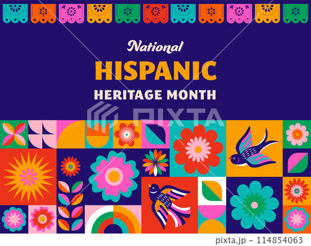 National hispanic heritage month celebration. Background, banner and card with flowers. Geometric 114854063