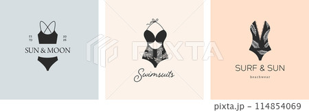 Elegant, luxury lingerie and underwear logos collection. Hand drawn minimalist illustrations, boho 114854069