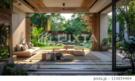 Home garden and luxury pergola surrounded tropical plants at house backyard, landscaping back yard in summer. Concept of landscape design, arbor, travel, nature 114854404