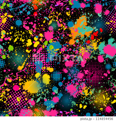 Seamless colored blots on a black background. hand drawing. Not AI, Vector illustration 114854456