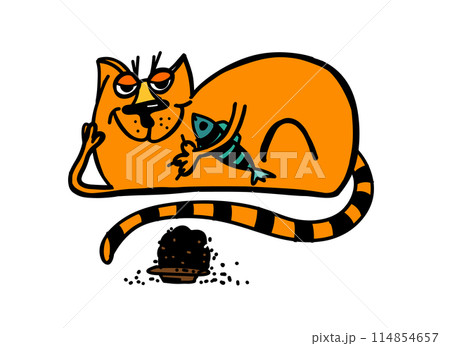 The cat is resting funny. A lot of food . hand drawing. Not AI, Vector illustration 114854657