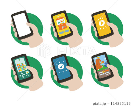 いろいろなアプリゲームとスマホを持つ手のポップなアイコンイラストセット 114855115