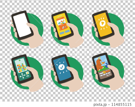 いろいろなアプリゲームとスマホを持つ手のポップなアイコンイラストセット 114855115